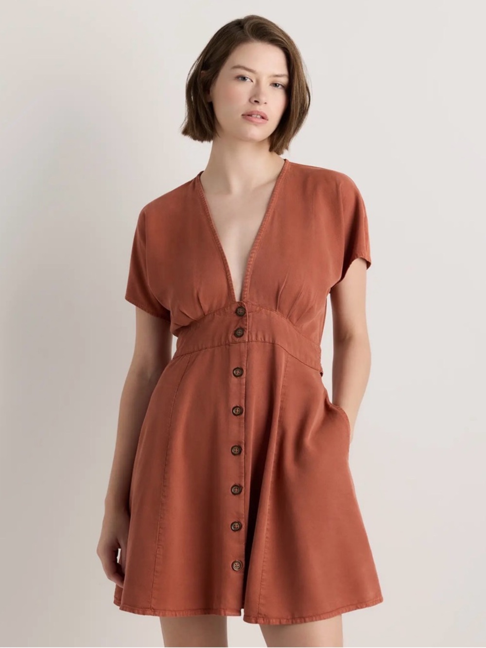 Quince Vintage Wash Tencel Button Front Dress - Terracotta - Sz S